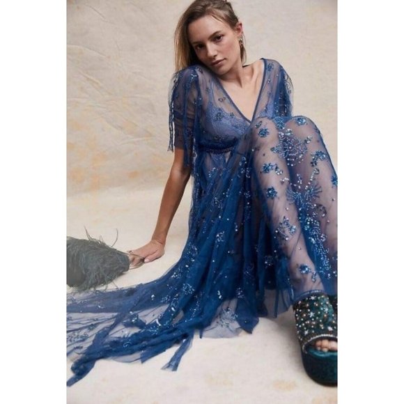 HOST PICK ❤️ FREE PEOPLE SASCHA TEAL BLUE SEQUIN TULLE MAXI DRESS 0 NWT FAIRY - Picture 3 of 13